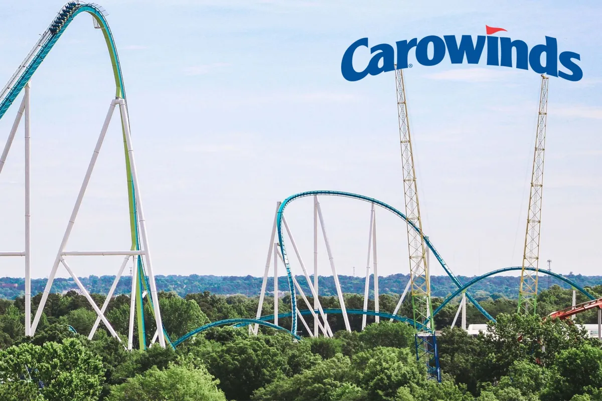 A bright outdoor shot of roller coasters soaring above tree-lined paths under a clear blue sky. Families are visible enjoying picnics and outdoor activities, evoking a sense of joy and togetherness.